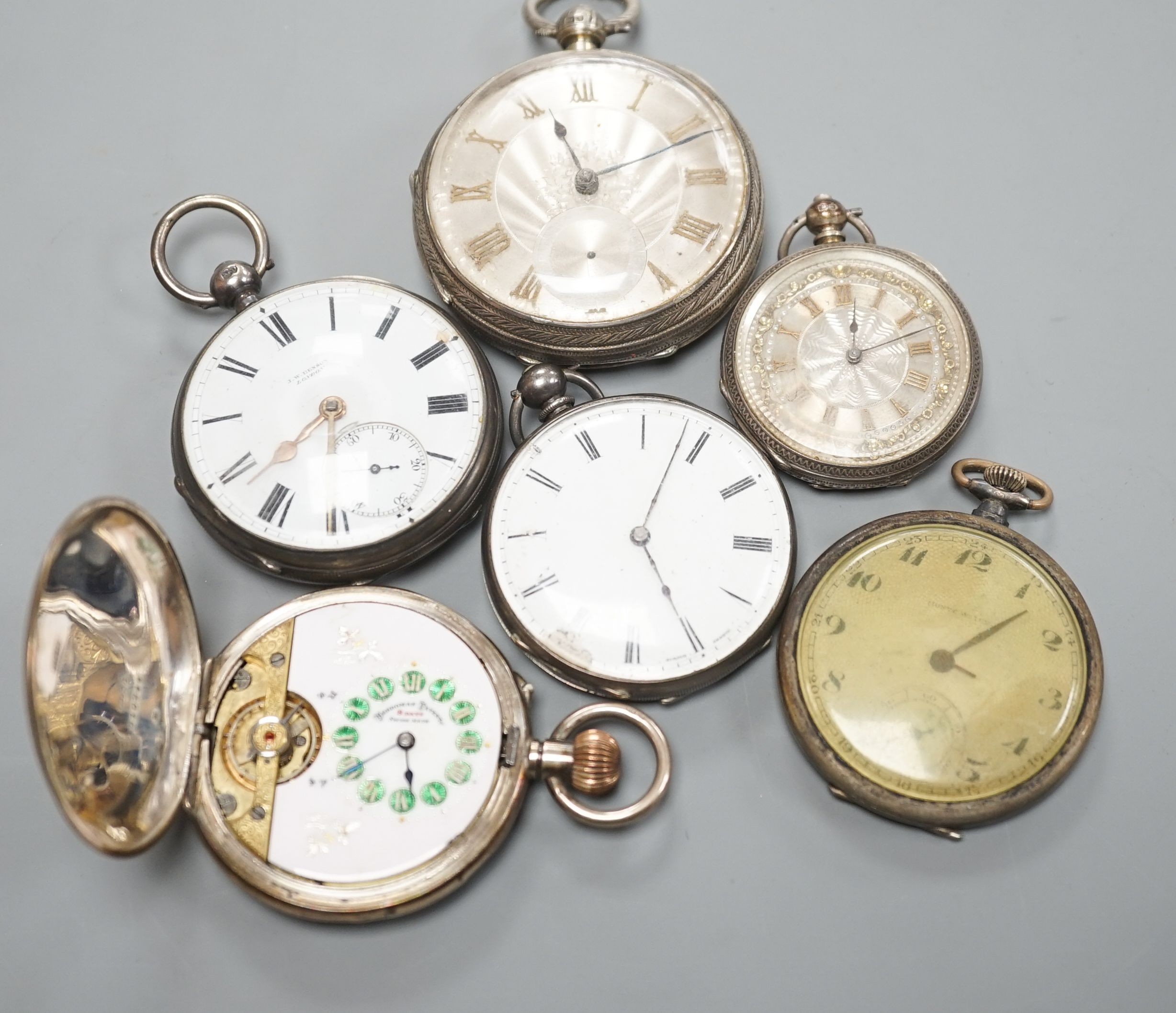 Six assorted late Victorian and later silver or white metal pocket watches, including J.W. Benson.